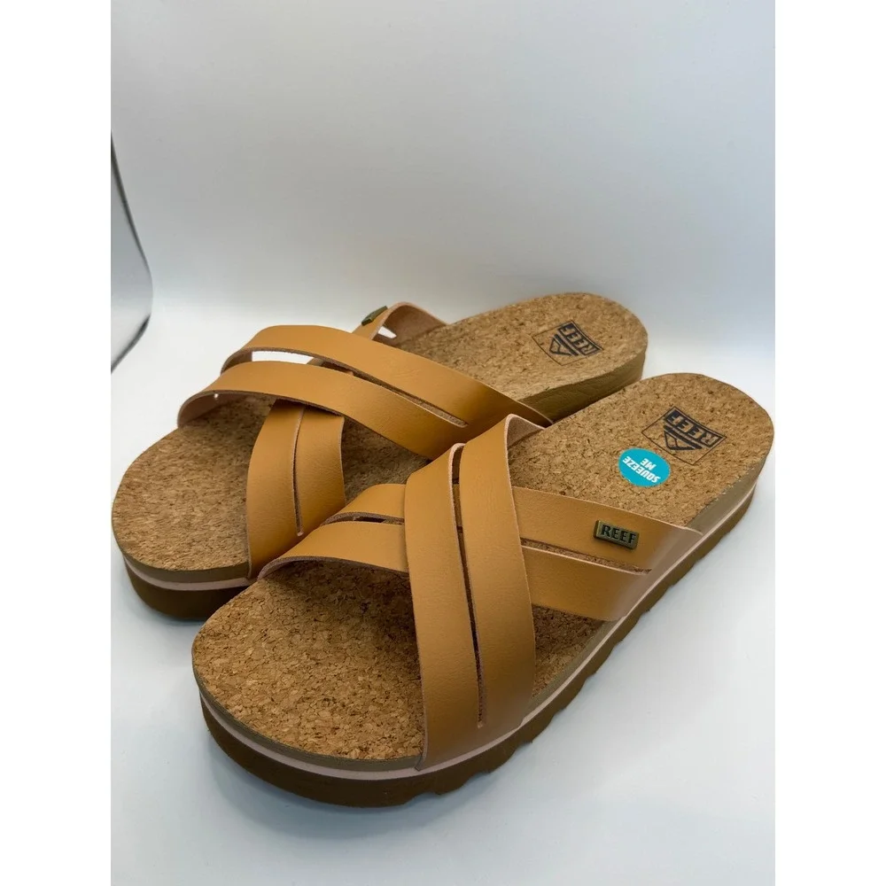 Reef Vista Hi Tan Vegan Leather Platform Sandals Cork Footbed Slides Women 9